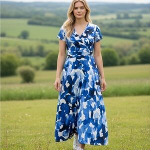 Blue Watercolor Wrap Maxi Dress - V-Neck, Short Sleeve Size L